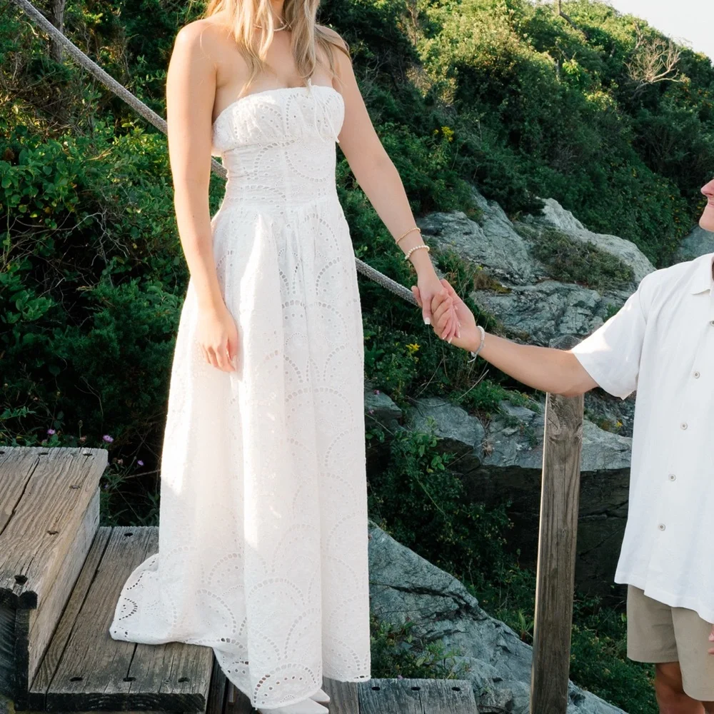 Strapless White Eyelet Midi Dress - Picture 5 of 5